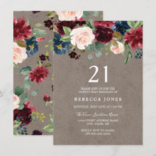 Red Wine Burgundy Floral 21st Birthday Party Invitation