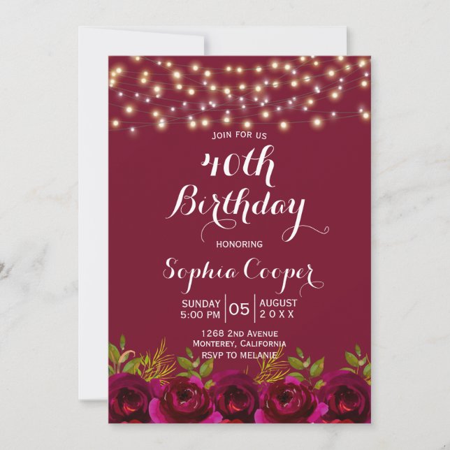 Red Wine Burgundy Floral 40th Birthday Party Invitation (Front)
