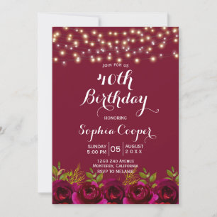 Red Wine Burgundy Floral 40th Birthday Party Invitation