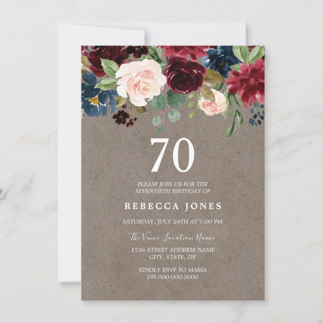 Red Wine Burgundy Floral 70th Birthday Party Invitation (Front)
