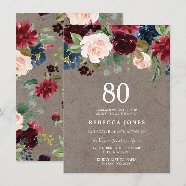 Red Wine Burgundy Floral 80th Birthday Party Invitation (Front/Back)