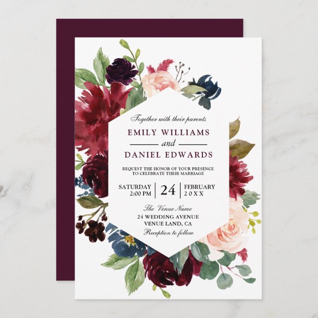 Red Wine Burgundy Floral Frame Wedding Invite (Front/Back)