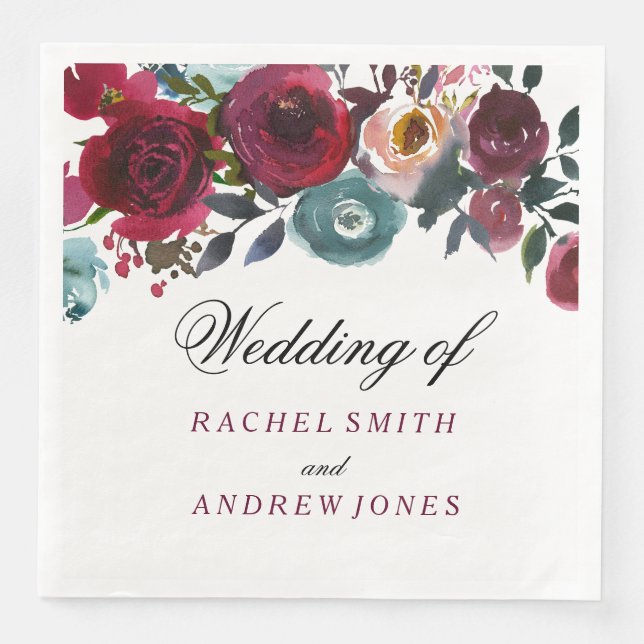 Red Wine Burgundy Floral Wedding Napkin (Front)