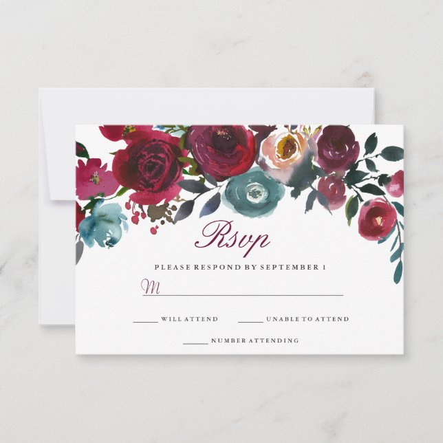 Red Wine Burgundy Floral Wedding RSVP Card (Front)