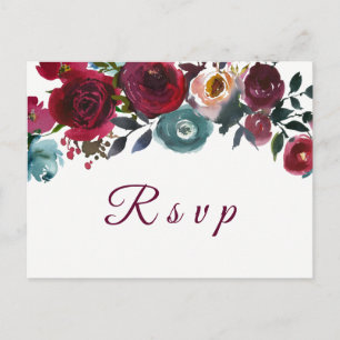Red Wine Burgundy Floral Wedding RSVP postcard