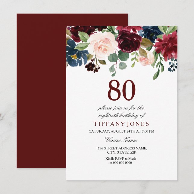 Red Wine Burgundy Flowers 80th Birthday Invite (Front/Back)