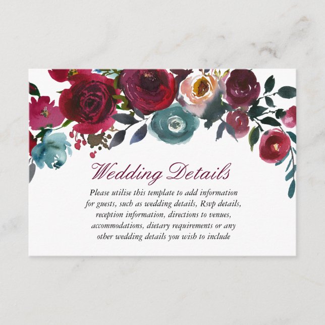 Red Wine Burgundy Wedding reception details Enclosure Card (Front)