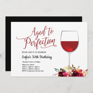 red wine, floral, aged to perfection, birthday invitation