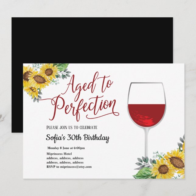 red wine, floral, aged to perfection, birthday invitation (Front/Back)