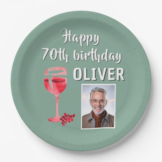 Red Wine Glass 70th Birthday Party Photo Paper Plate (Front)