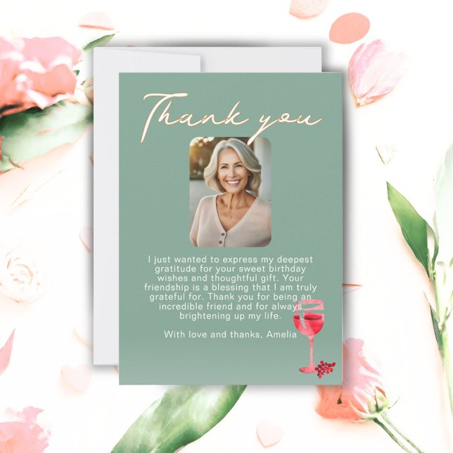 Red Wine Glass Birthday Photo Thank You Card (Creator Uploaded)