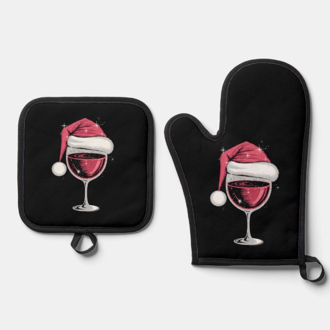Red Wine Glass Christmas Funny Christmas Xmas  Oven Mitt & Pot Holder Set (Front)