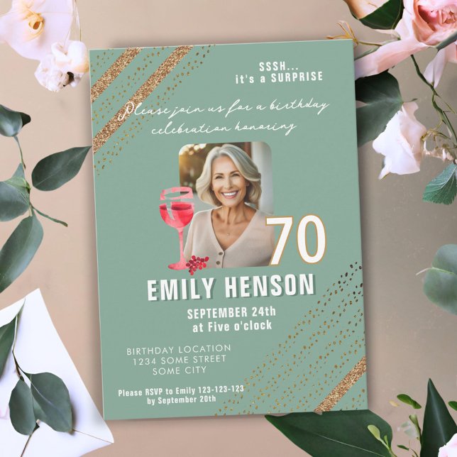 Red Wine Glass Glitter 70th Birthday Party Photo Invitation (Creator Uploaded)