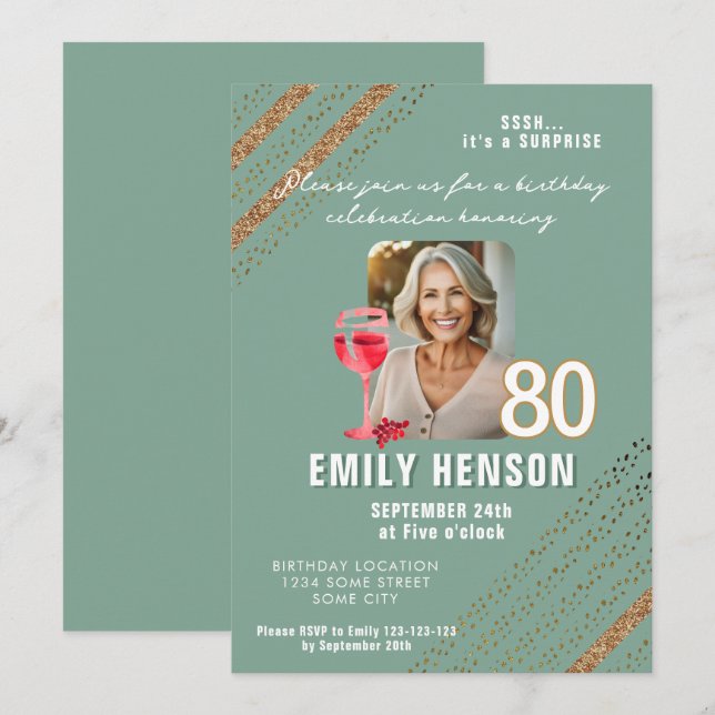 Red Wine Glass Glitter Birthday Party Photo Invitation (Front/Back)