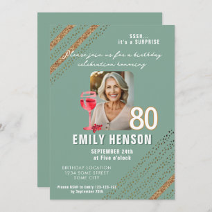 Red Wine Glass Glitter Birthday Party Photo Invitation