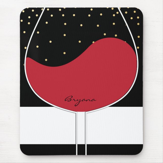 Red Wine Glass Gold Black & White Chic Mouse Pad (Front)