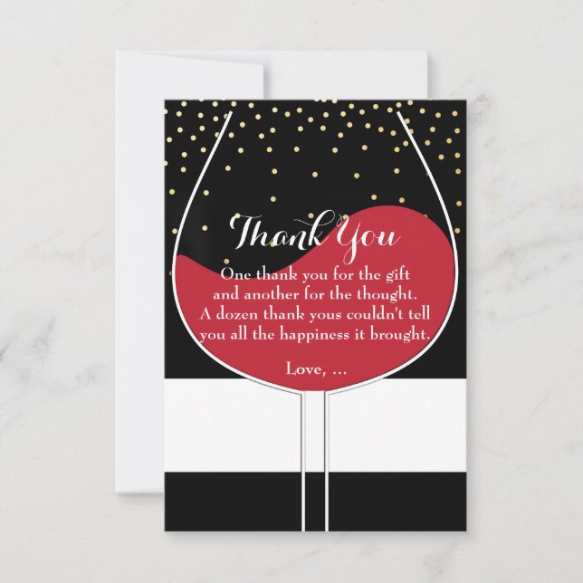 Red Wine Glass Gold Black & White Thank You Cards (Front)