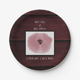 Red Wine Glass Half Empty Full Saying Watercolor Paper Plate