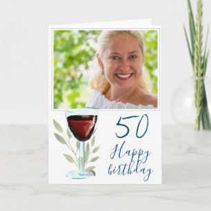 Red Wine Glass Leaves 50th Birthday Photo  Card