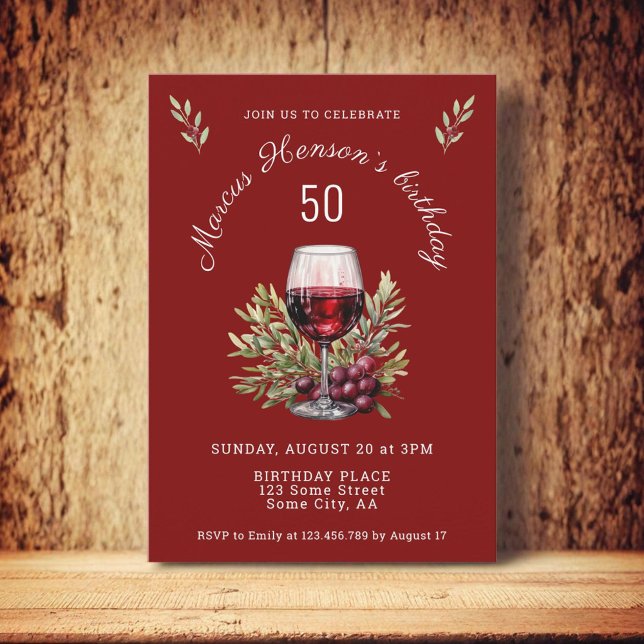 Red Wine Glass Olive Watercolor 50th Birthday  Invitation (Creator Uploaded)