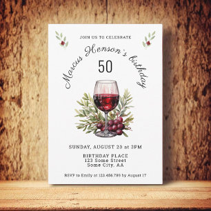 Red Wine Glass Olive Watercolor 50th Birthday Invitation