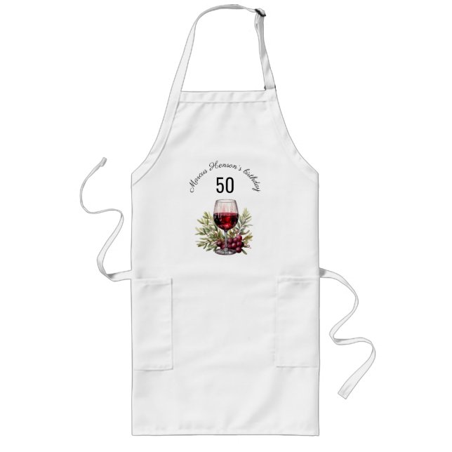 Red Wine Glass Olive Watercolor 50th Birthday  Long Apron (Front)