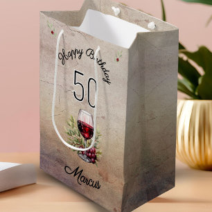 Red Wine Glass Olive Watercolor 50th Birthday  Medium Gift Bag