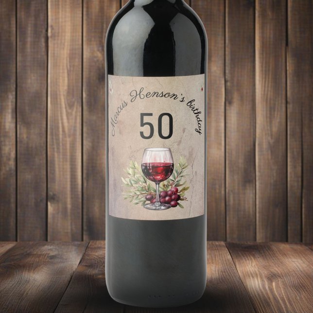 Red Wine Glass Olive Watercolor 50th Birthday  Wine Label (Creator Uploaded)