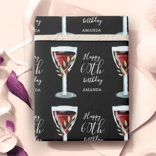 Red Wine Glass Rose Watercolor 60th Birthday Wrapping Paper