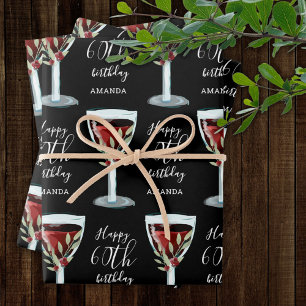 Red Wine Glass Rose Watercolor 60th Birthday Wrapping Paper Sheet