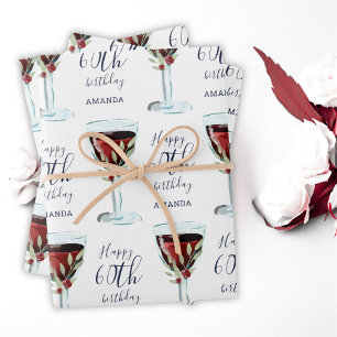 Red Wine Glass Rose Watercolor 60th Birthday Wrapping Paper Sheet