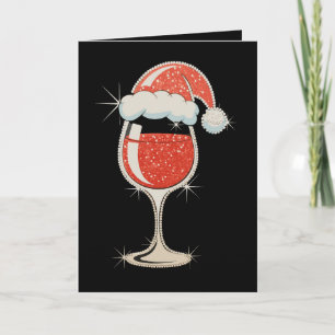 Red Wine Glass Santa Hat Glitter Christmas Xmas Card