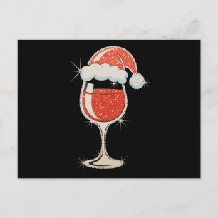 Red Wine Glass Santa Hat Glitter Christmas Xmas Holiday Postcard
