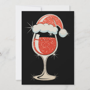 Red Wine Glass Santa Hat Glitter Christmas Xmas Invitation