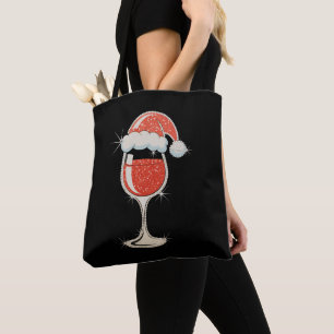 Red Wine Glass Santa Hat Glitter Christmas Xmas Tote Bag
