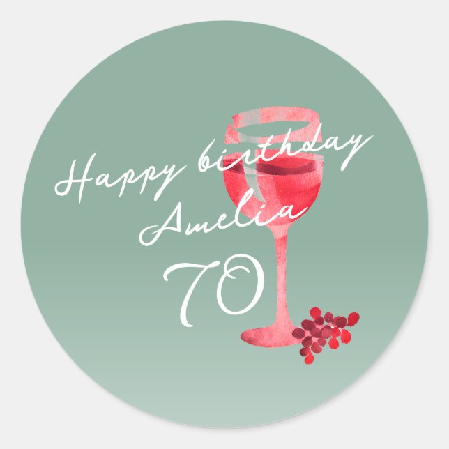 Red Wine Glass Watercolor 70th Birthday Classic Round Sticker (Front)