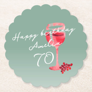 Red Wine Glass Watercolor 70th Birthday Party  Paper Coaster