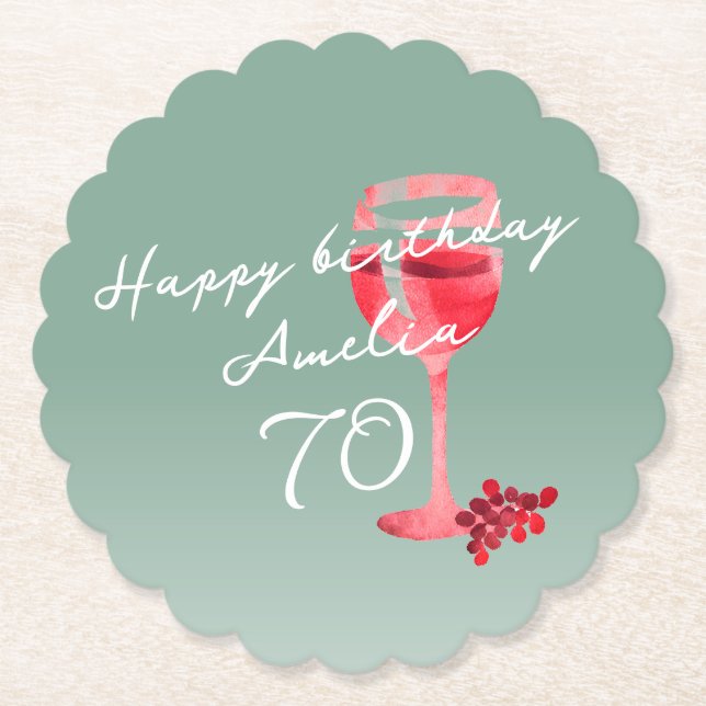 Red Wine Glass Watercolor 70th Birthday Party  Paper Coaster (Front)