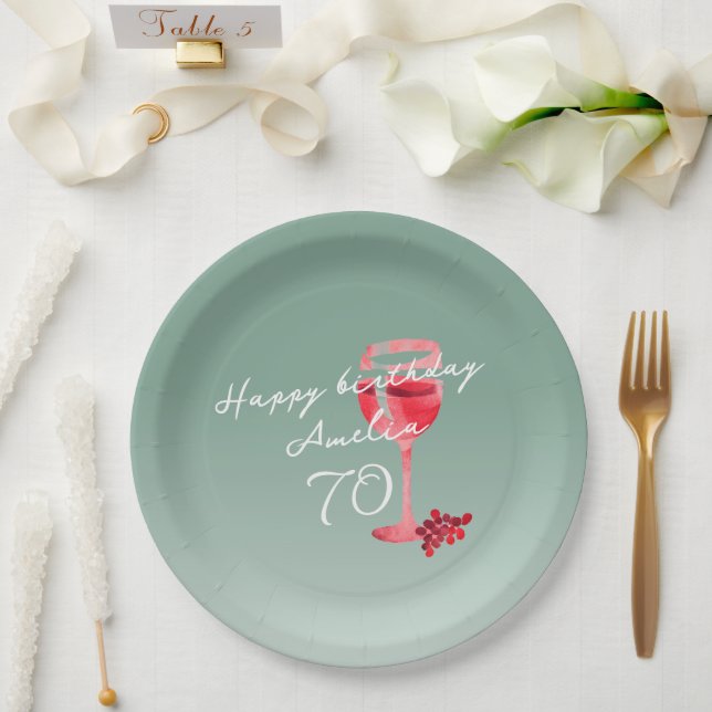 Red Wine Glass Watercolor 70th Birthday Party  Paper Plate (Wedding)