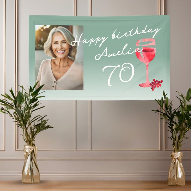Red Wine Glass Watercolor Birthday Party Photo Banner (Creator Uploaded)