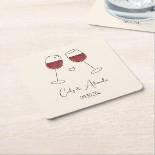 Red Wine Glass Wedding Engagement Anniversary Square Paper Coaster
