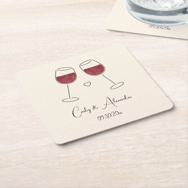 Red Wine Glass Wedding Engagement Anniversary Square Paper Coaster (Angled)