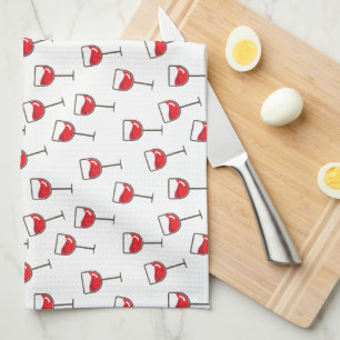 Red Wine Glasses Pattern on White Tea Towel