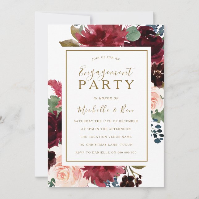 Red Wine Gold Floral Watercolor Engagement Party Invitation (Front)
