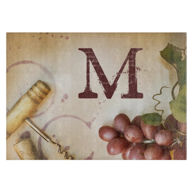Red Wine Grapes Cork Monogram Glass Cutting Board (Front)
