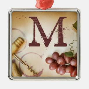 Red Wine Grapes Cork Monogram Initial Ornament