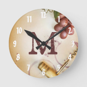 Red Wine Grapes Cork Monogram Initial Wall Clock