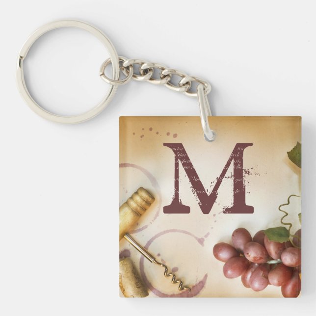 Red Wine Grapes Cork Screw Bottle Glass Key Chain (Front)