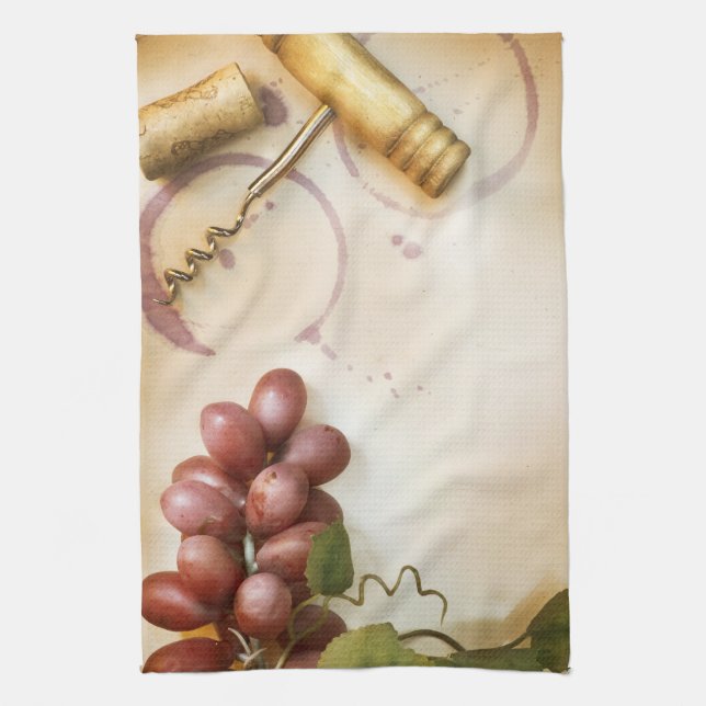 Red Wine Grapes Cork Screw Kitchen Dish Towel (Vertical)