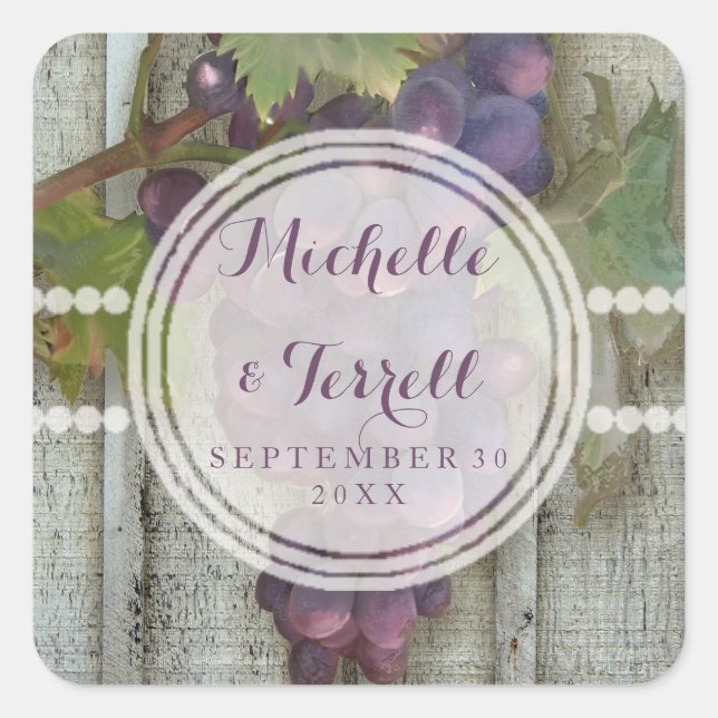 Red Wine Grapes on Vineyard Bard Wood Wedding Square Sticker (Front)